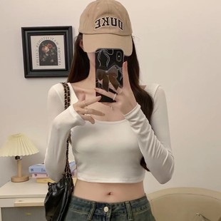 Autumn 2024 New Spice Girl Collarbone Top Women's Slim-fit Short All-match Long-sleeve T-shirt with Chest Pad
