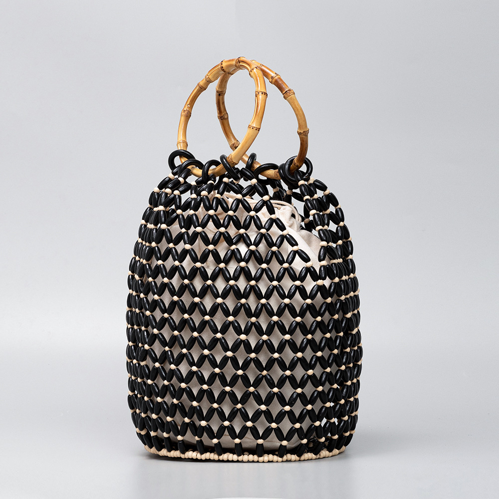 OLEI Large Capacity Wooden Bead Bucket Bag, Beach Vacation Travel Bamboo Handbag, Women's Hand-Woven Bag - Thumbnail 6