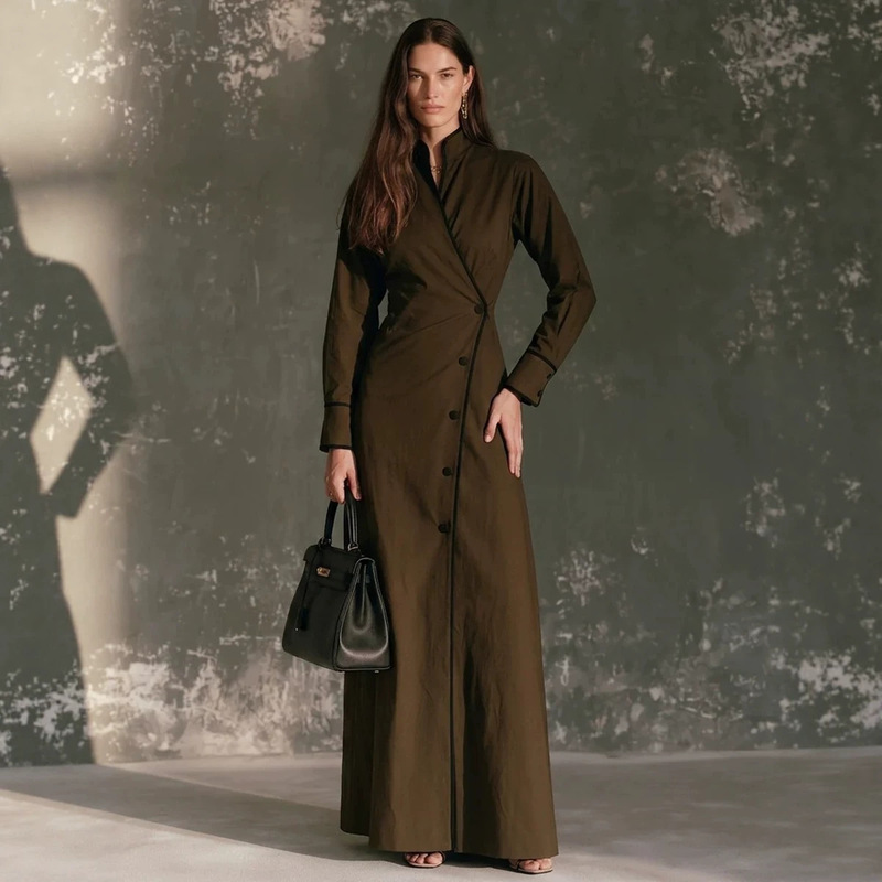 European and American cross-border French vintage stand-up collar long-sleeve long dress with diagonal button closure, waist-cinching, wrap-style shirt dress, cross-border women's clothing European and American cross-border French vintage stand-up collar long-sleeve long dress with diagonal button closure, waist-cinching, wrap-style shirt dress, cross-border women's clothing