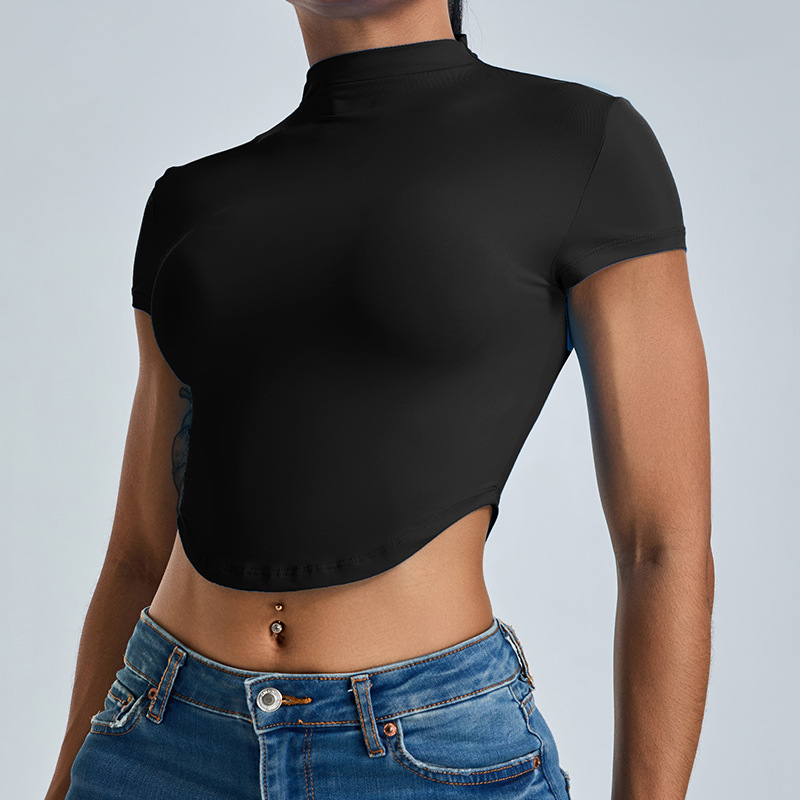 Cross-border nueva ropa de yoga delgada y delgada rápida secado universal de cuello alto chaqueta deportiva running camiseta deportiva mangas cortas