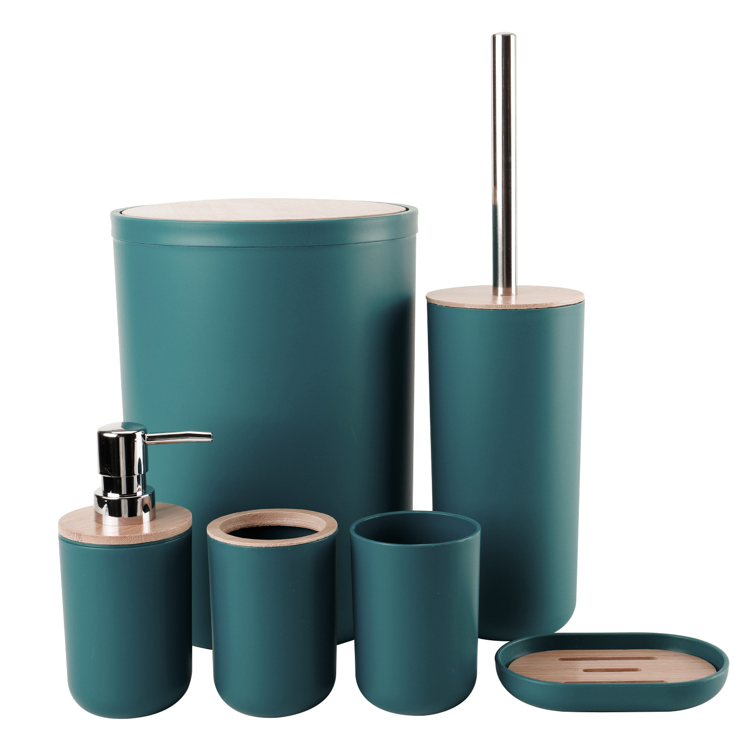 Cubierta de bambú de lavado de baño de plástico de seis piezas de la fábrica al por mayor de almacenamiento de baño estante titular de cepillo de dientes de basura puede