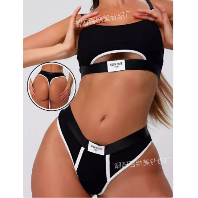 Cross-Border In-Stock Sexy Thong Sports Bra Set Fitness Yoga Shockproof Versatile Color-Blocking Lettered Lingerie Thong