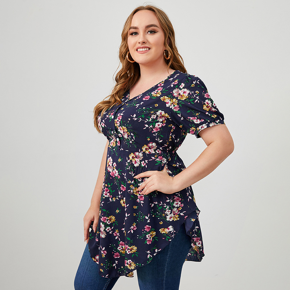 Plus Size Mid-Length V-Neck Short Sleeve Flower Print Top NSWCJ112800