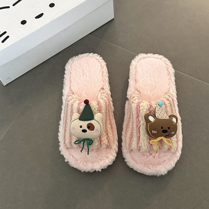 Moda versátil estilo retro lindas zapatillas de pelo de oso damas 2026 otoño y invierno nuevas zapatillas de algodón de peluche a rayas image 9