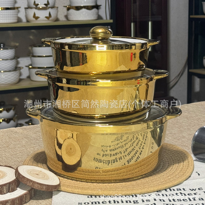 Manufacturer produces and wholesales a set of three ceramic electroplated soup pots suitable for export to hotels and home use