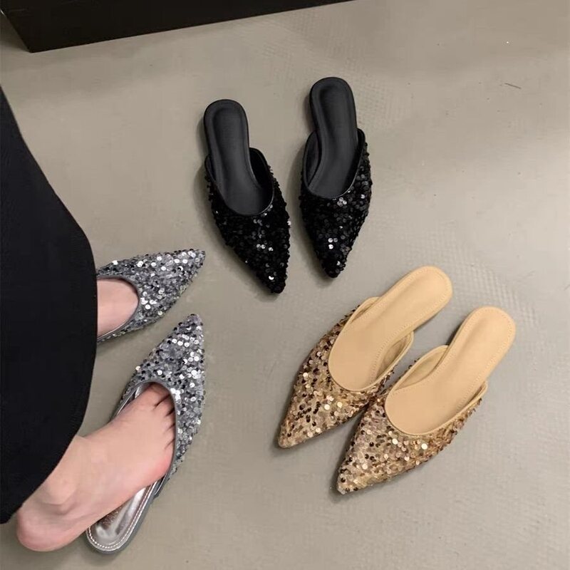 Baotou Half-Slippers for Women 2024 New Summer Sequined High-End Elegant Fairy Casual Women's Flat Sandals Baotou Half-Slippers for Women 2024 New Summer Sequined High-End Elegant Fairy Casual Women's Flat Sandals