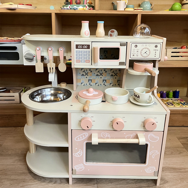 Children's simulation kitchen play house gas stove colorful kitchenware tableware cutting music cooking wooden suit toys