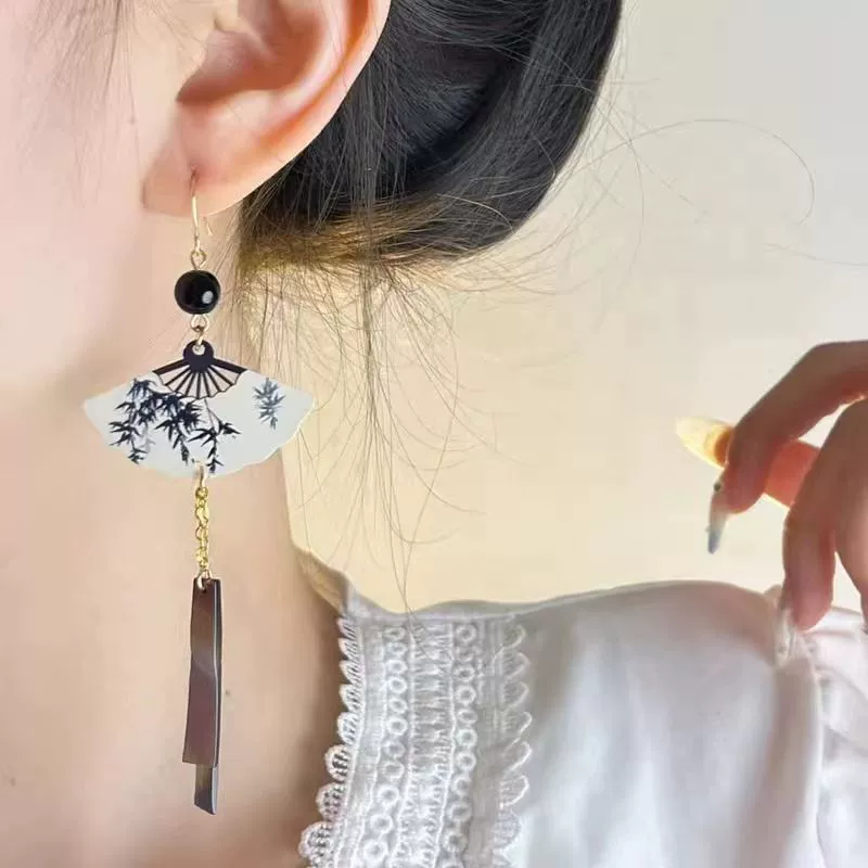 Серьги-фаны, ретро стилем китайской эпохи, ракушечные кисточки с подвесками из бусинок, 9 × 3 × 3 см