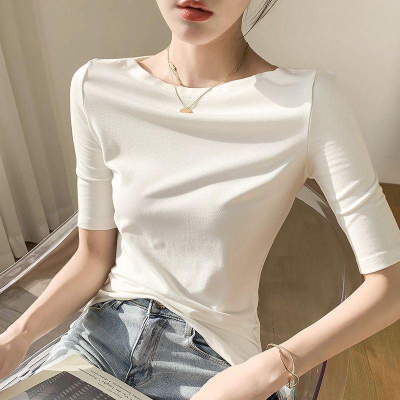 中袖の洋風のモーダルの肩の上着の女性の春夏の薄い金の中で5分の袖のtシャツを掛けて合わせて底のシャツの女性を詰めます。|undefined