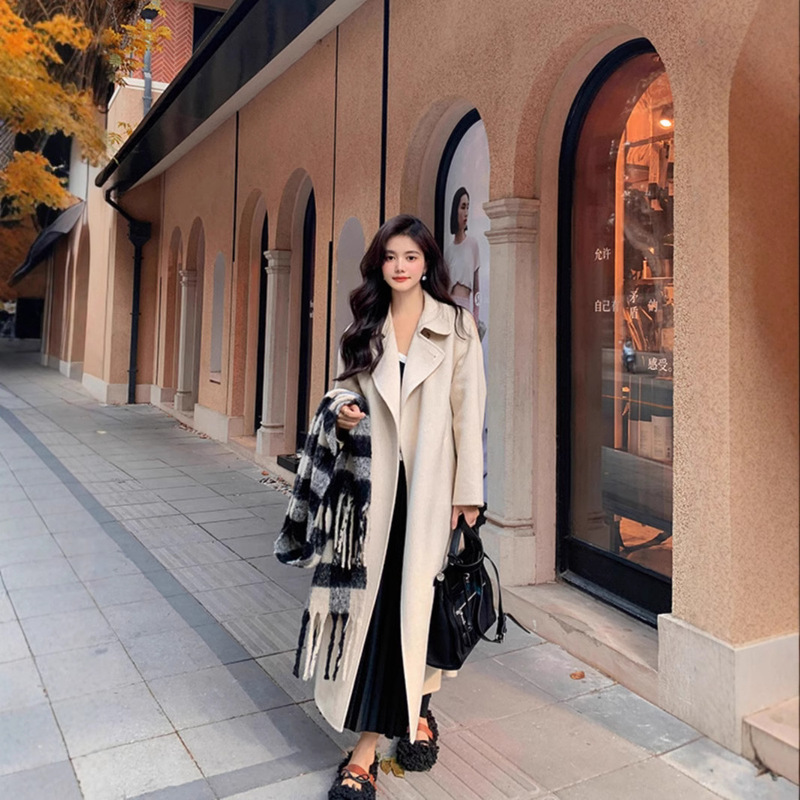 High-End Elegant 100% Camel Hair Double-Sided Cashmere Outwear Women's Loose Mid-Length Lace-Up Autumn and Winter Woolen Outwear High-End Elegant 100% Camel Hair Double-Sided Cashmere Outwear Women's Loose Mid-Length Lace-Up Autumn and Winter Woolen Outwear