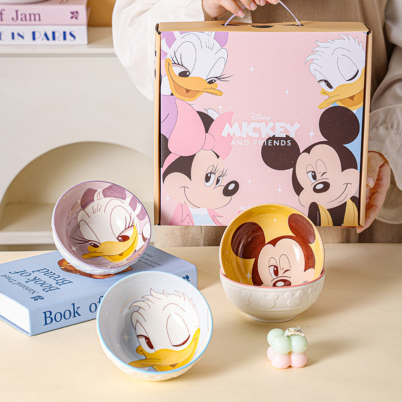 Disney 2025 nuevo tazón de arroz a rayas Stitch juego de 4 piezas de color bajo vidriado caja de regalo regalo regalo de inauguración