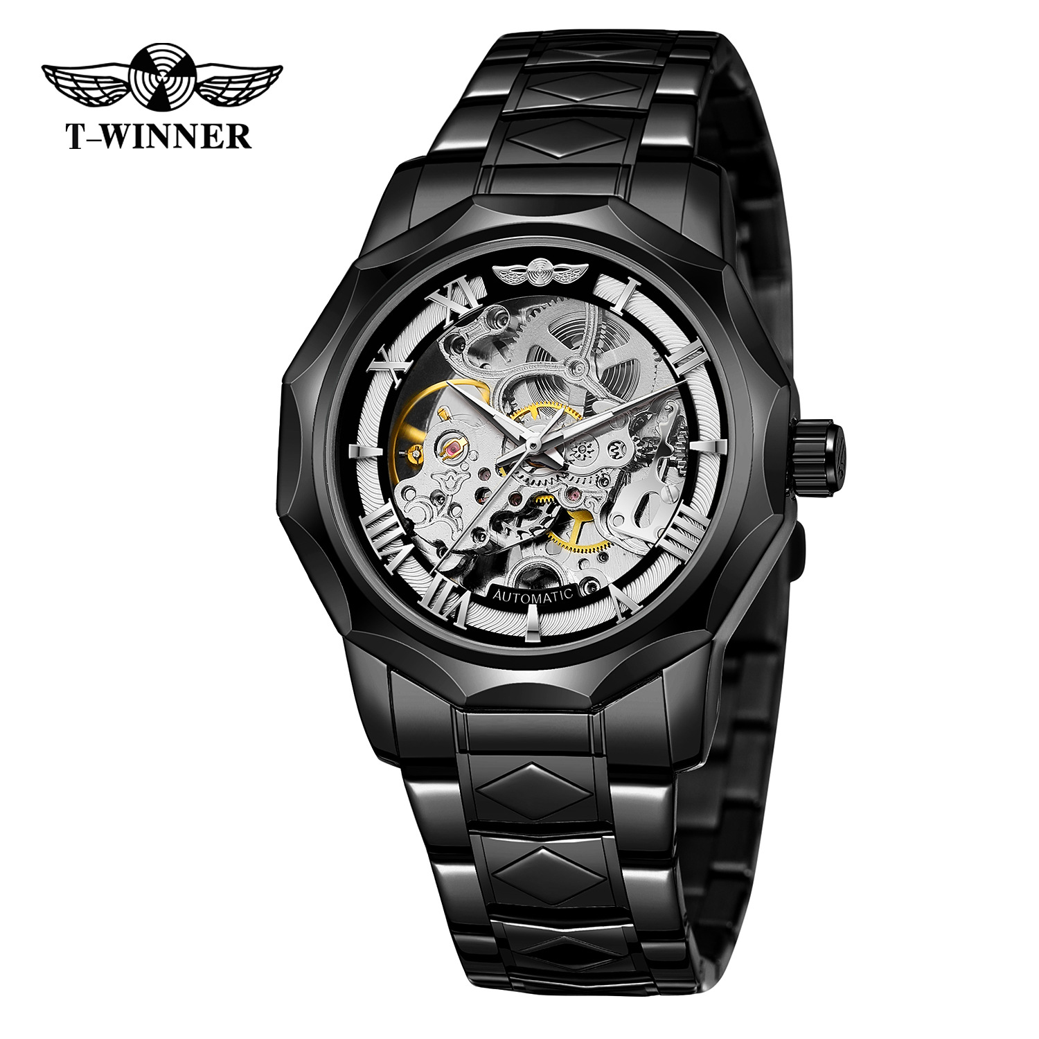 Nuevo ganador de polígono europeo y americano reloj mecánico de los hombres moda casual hueco de fondo transparente reloj automático