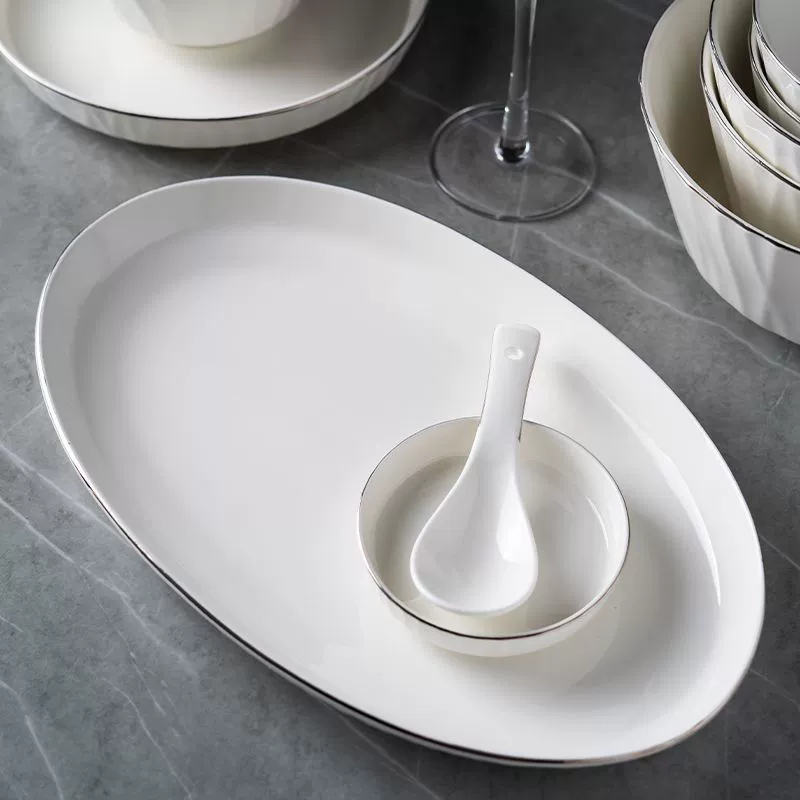 Platinum ceramic tableware set, light‑luxury design, platinum rim, multiple piece options