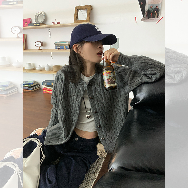 宋正恩蓝色麻花针织开衫外套女秋季新款宽松韩系慵懒毛衣长袖上衣|undefined
