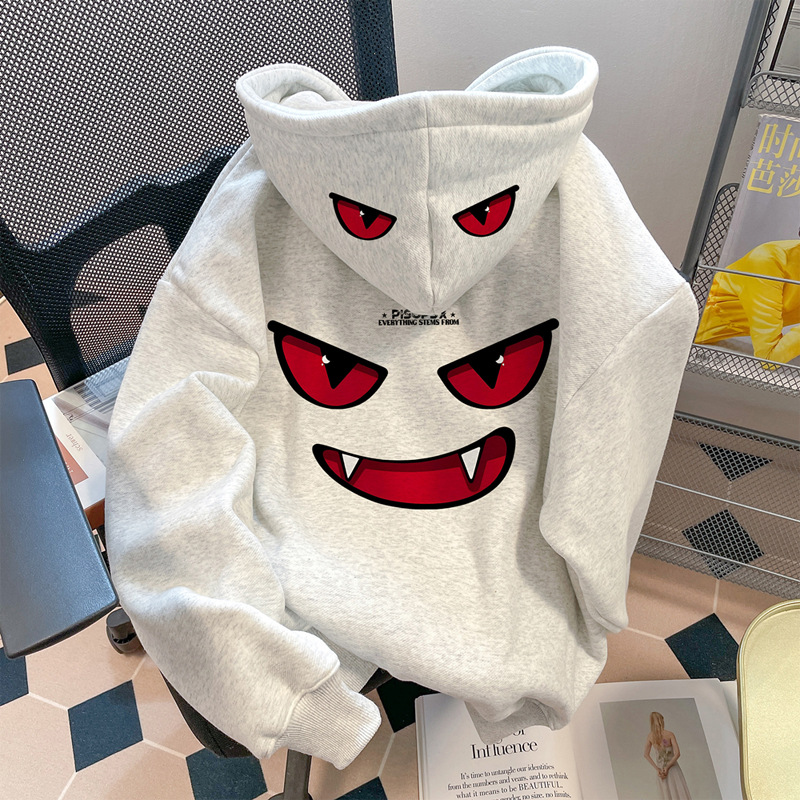 Autumn and Winter Chinese Style Hooded Sweatshirt Men's American High Street Printed Hoodie Couple Women's Velvet Thickened Loose Jacket Autumn