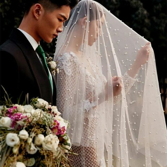 Soft silky Pearl mesh fabric encryption beaded pearl mesh wedding dress dessert table nail shop photo decoration