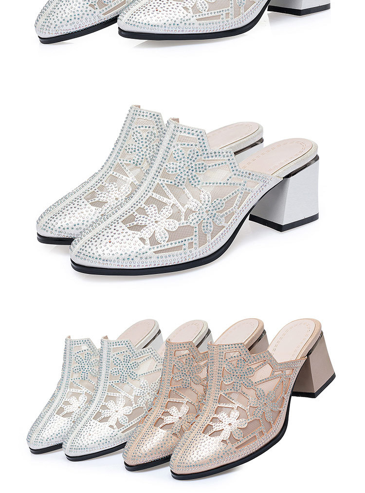 Giày cao gót da thật nữ mũi tròn bít, đế thấp thoải mái, có lỗ lưới đính đá Rhinestone — Màu be chi tiết 17
