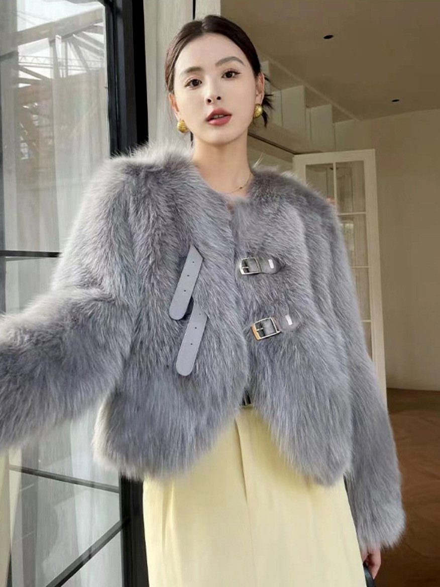 Women's Clothing plush top windbreaker short double breasted leather buckle high end slim environmentally friendly wool warm fur coat_voghion.com