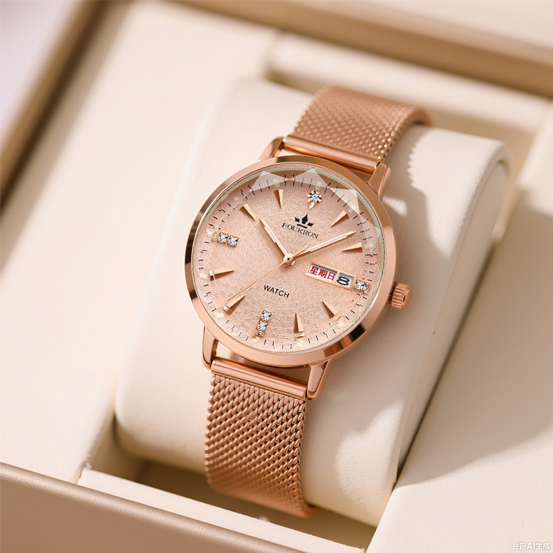 女士手表抖音直播热卖米兰带时尚简约薄双日历镶钻款防水韩版女款