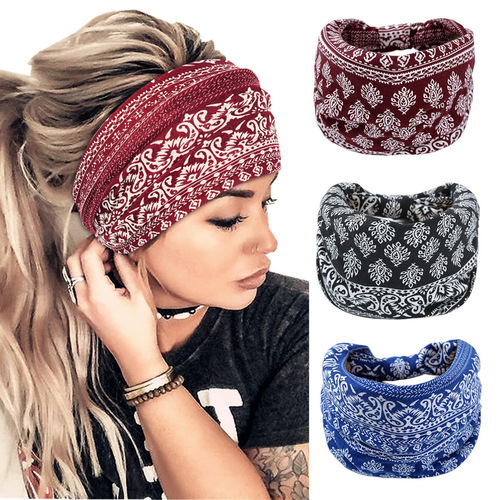 Women's Wide Headband with Scarf Bohemian Sport Headband Knot Elastic Floral Print Non-slip Headband Accessory
