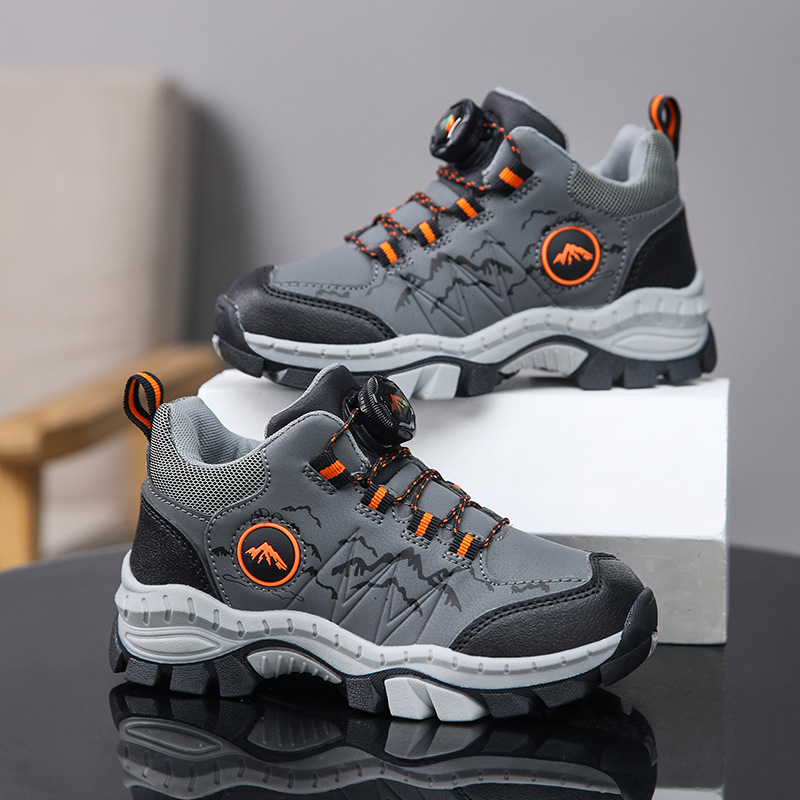 Children's hiking shoes outdoor sneaker leather waterproof breathable boys' non-slip soft bottom girls' running shoes Gray