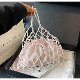 韩国东大门时髦洋气珍珠包包大容量镂空渔网包百搭单肩包腋下女包