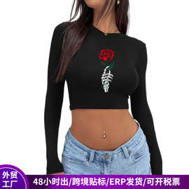 跨境美式复古女装圆领高街T恤时尚Y2K露脐短款长袖印花辣妹上衣