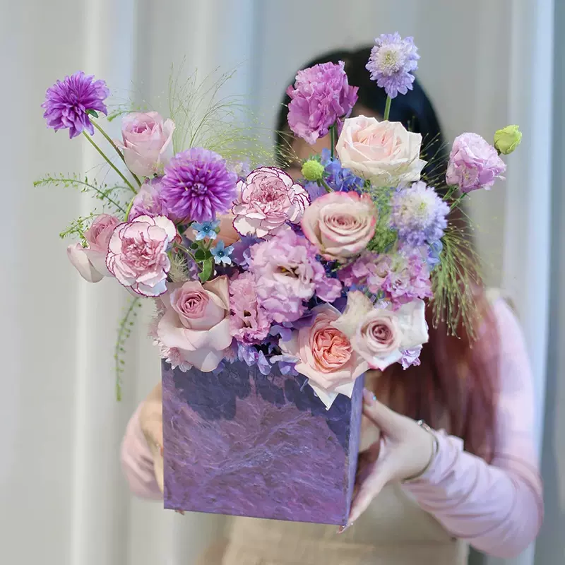 梅子酱鲜花礼盒批发情人节花束包装材料大理石纹抱抱桶花店插花桶