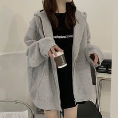 レディース春と秋の新作韓国版カジュアルグレーのファスナー塩系の帽子が付いています。