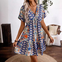 European and American cross-border new women's retro floral print V-neck high-waisted batsleeved vacation dress
