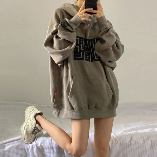 Retro fleece-lined sweater women's 2023 autumn and winter New Korean style student printed hooded loose coat top women's fashion