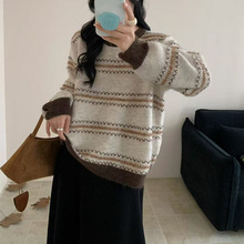 圆领设计感条纹针织套头毛衣女2025秋冬新款软糯休闲针织打底衫