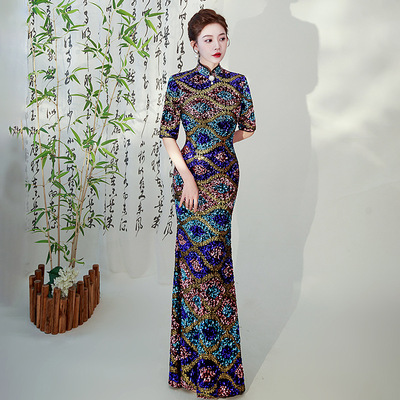 Colorful Sequins cheongsam ChineseDresses Oriental Qipao high-end atmosphere shows costumes temperament girl fishtail skirt 