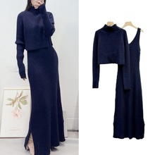 跨境高端女装法式时尚套装半高领套头毛衣+针织吊带连衣裙两件套