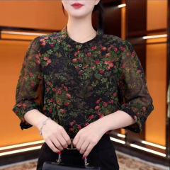 夏季新款别致漂亮小衫妈妈七分袖女士雪纺上衣2025衬衫女洋气衬衣