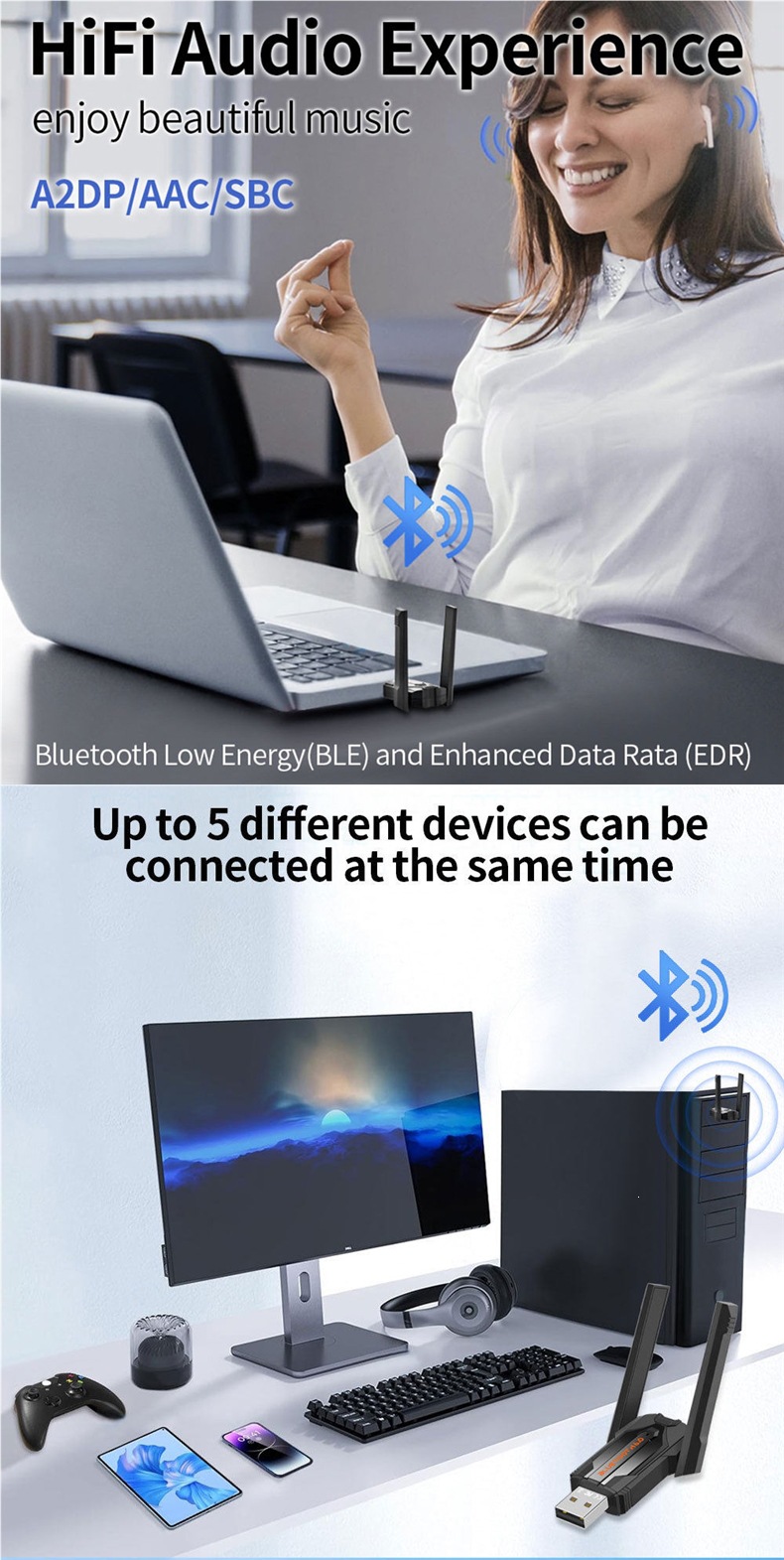 Bluetooth Adapter BT6.0 Driver-Free Desktop Computer USB Audio Receiver and Transmitter PA Gain 200m AAC/SBC