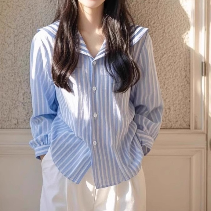 Korean Striped Navy Collar Long-Sleeve Shirt Early Autumn Women's Korean Chic Unique Fashion Top Blouse