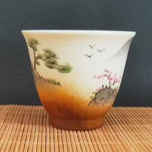 白瓷手绘山水茶杯日式手绘插画陶瓷功夫品茗杯单杯复古小茶杯单只
