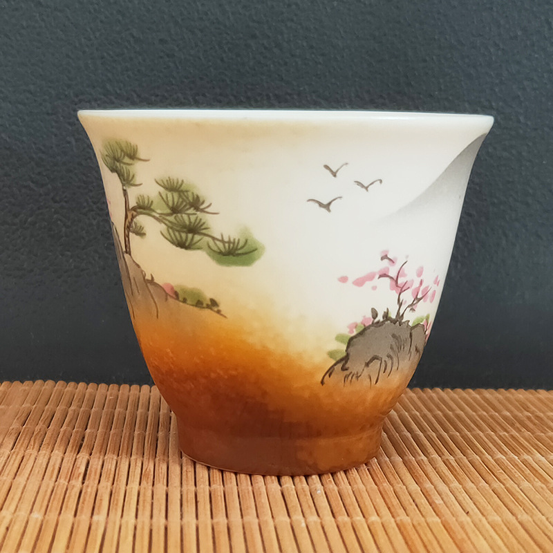 白瓷手绘山水茶杯日式手绘插画陶瓷功夫品茗杯单杯复古小茶杯单只