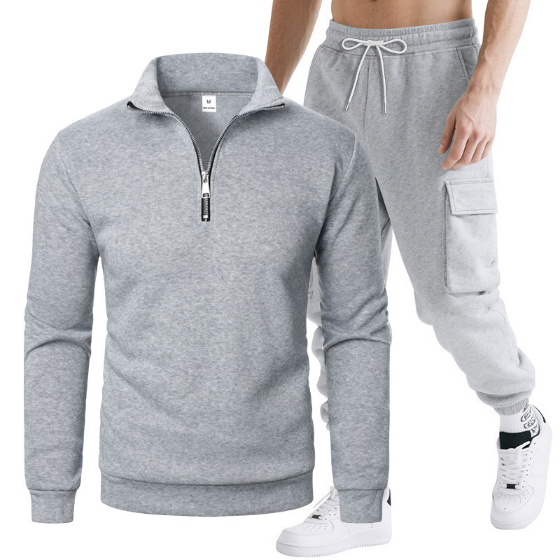 Cross-Border Amazon New Fleece Men's Stand-Up Collar Zipper Sweatshirt with Multi-Pocket Cargo Pants Combination Suit
