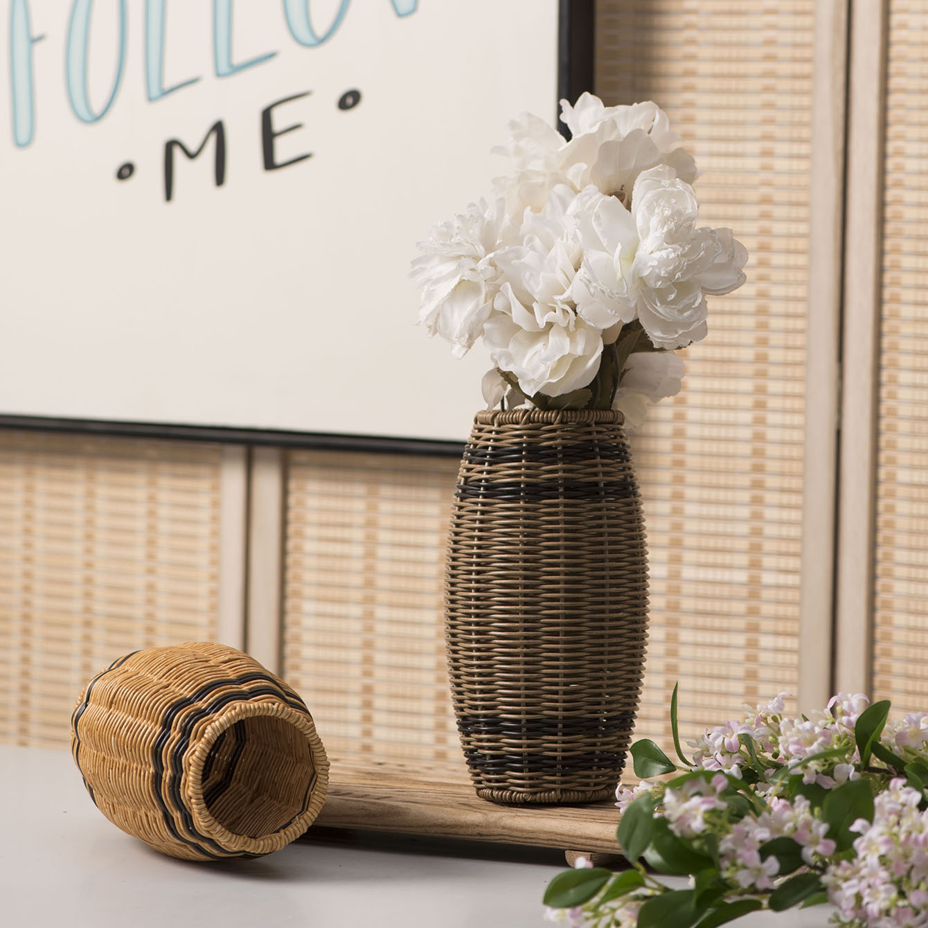 Florero de ratán de imitación de plástico, adornos tejidos a mano, decoración de mesa, botella de almacenamiento, jarrón de arreglo floral creativo, accesorios para el hogar