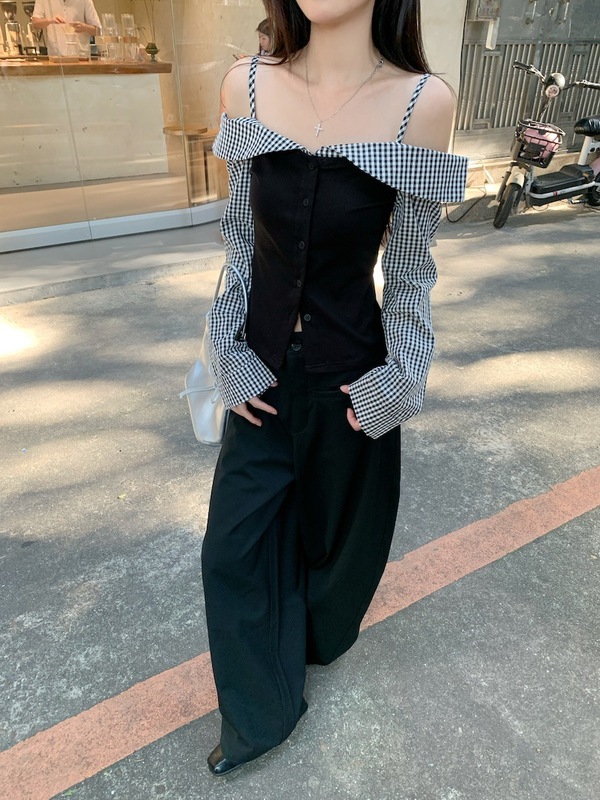 假两件露肩格子设计感长袖T恤阔腿休闲裤女2025秋季新款时尚套装|undefined
