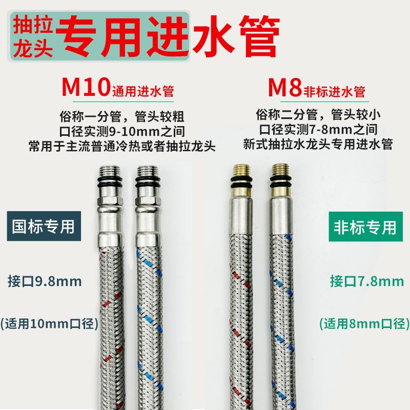 抽拉式水龙头非标M8冷热进水软管小口径7.5mm水管欧美标尖头上水