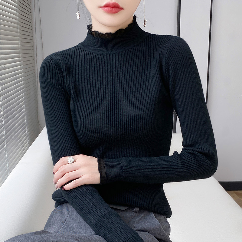 Half-Turtleneck Sweater for Women, Spring and Autumn Style, Ruffled Edge, Slim Fit, Solid Color, Long-Sleeved Knit Top Half-Turtleneck Sweater for Women, Spring and Autumn Style, Ruffled Edge, Slim Fit, Solid Color, Long-Sleeved Knit Top
