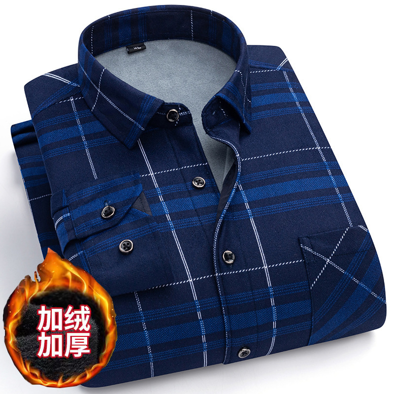 Winter thermal shirt men's fleece-lined thickened middle-aged Plaid men's long-sleeved shirt old dad wear men's clothing wholesale