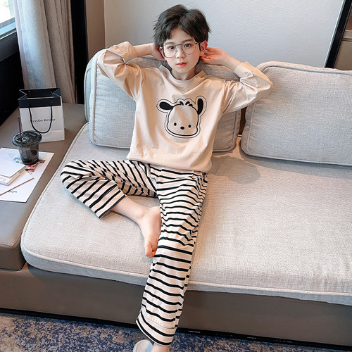 Children's New Spring and Autumn Pure Cotton Pajamas for Boys and Girls Students Thin Long Sleeve Home Suit Spring and Summer Air Conditioning Suit