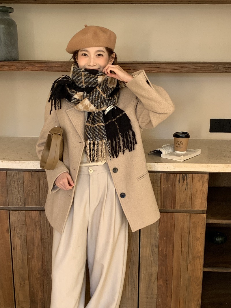 Women's Cashmere Scarf In Retro Blue Thousand Bird Grid Pattern_voghion.com