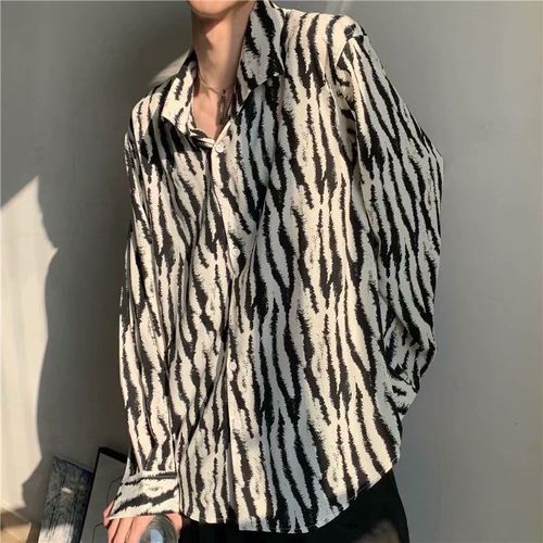 Spring Striped Long-Sleeve Shirt for Men, Korean Style Loose Collar Top, Casual Trendy Bad Boy Flip-Up Design, Size Shirt Ge Kun