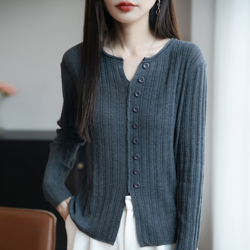 2025秋季新款长袖开叉女士针织衫显瘦气质上衣毛衣打底衫女A7136|undefined