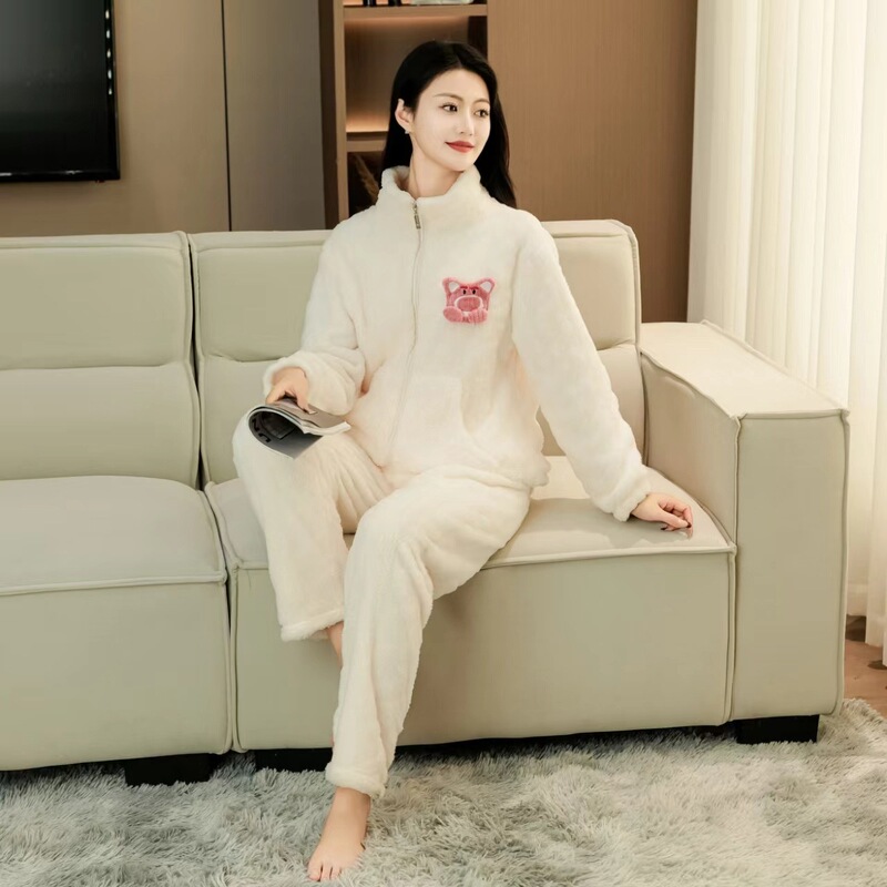 Coral fleece pajamas for women Spring Autumn Winter thickened warm cute flannel home wear princess style suit pink bear